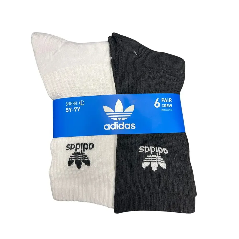 Adidas Originals Youth Crew Socks 6 Pack Black & White Size Large 5Y-7Y New